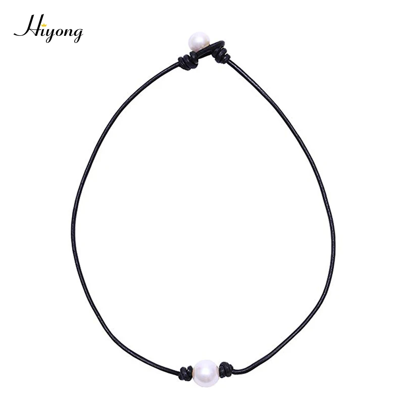 

HIYONG Single Natural Cultured Freshwater Pearl Choker Necklace for Women Girls Black Genuine Leather Necklace Jewelry Handmade