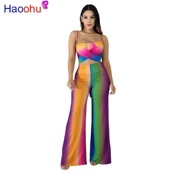 

Rainbow Gradient Sexy Two Piece Tracksuit Women's Suit Spaghetti Strap Backless Crop Top + Wide Leg Pants Sweatsuit Matching Set