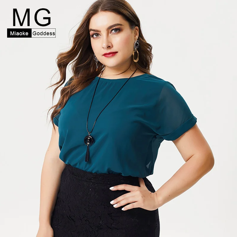 

2019 summer new large size women's elegant O-neck short-sleeved chiffon solid color blouse slimming thin wild blouse