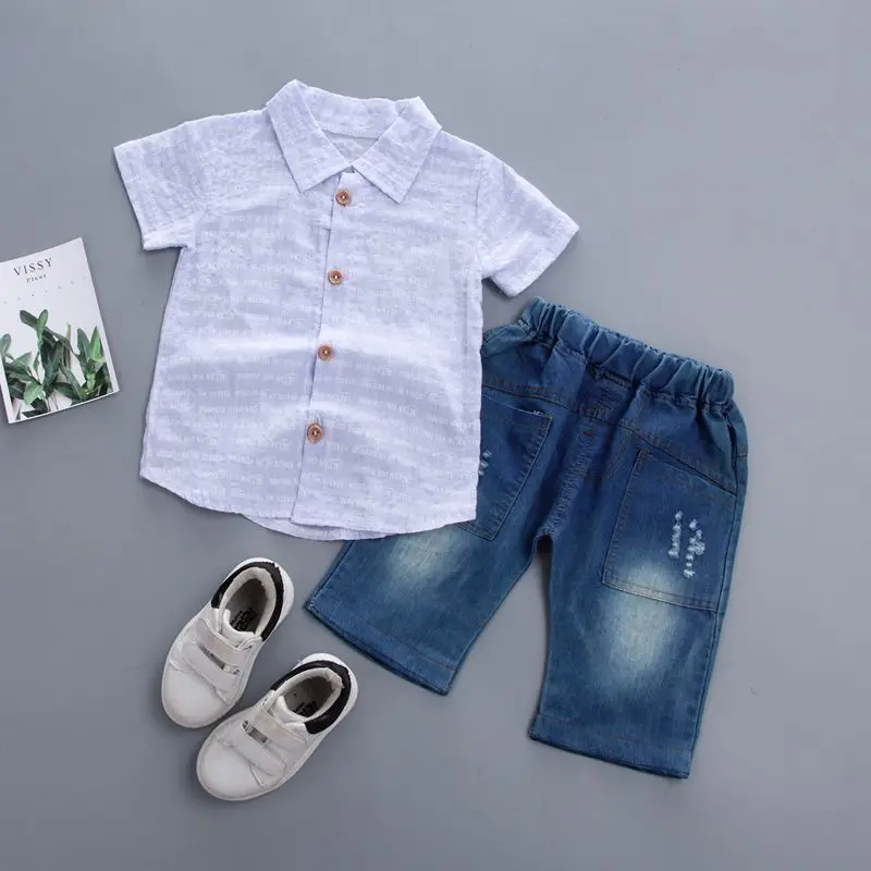 

Summer Baby Boy Clothes Set Letter Print Short Sleeve Shirt Blouse Denim Shorts Casual Outfits