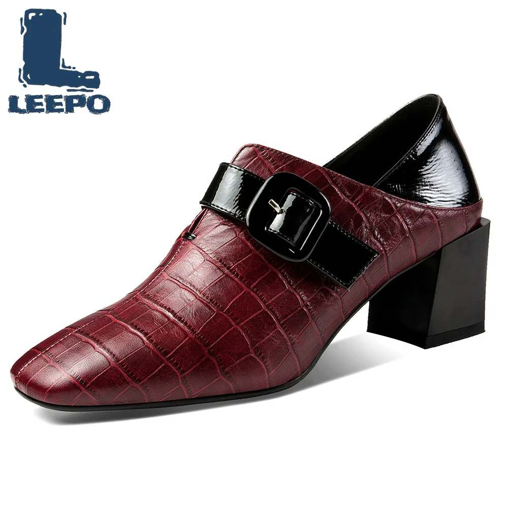 

LEEPO Pumps Women Shoes Ladies Retro Genuine Leather Square Toe Slip-On High Heels Woman Spring Thick Heels Female Luxury Shoes