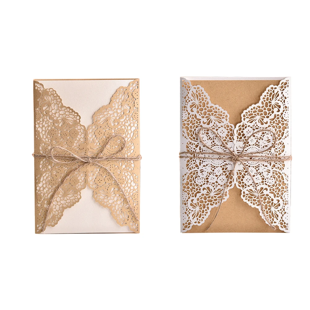  10pcs Laser Cut Wedding Invitations Card Brown Paper Fashion Shapes Cards Supplie With a Rope Elega - 33024011011