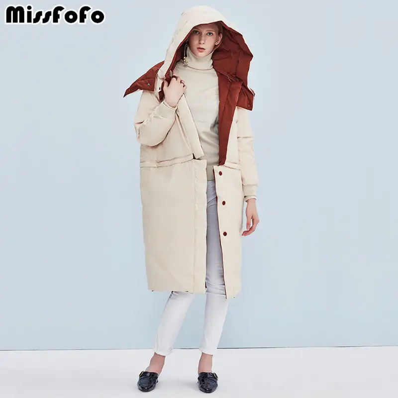MissFoFo Зимний пуховик отстегивающийся брендовый длинный женский пуховик съемный нижний край и двусторонний
