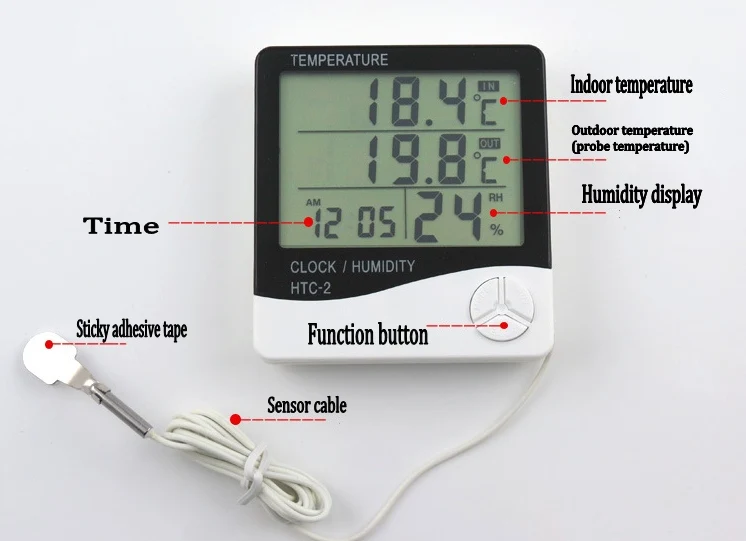 

Indoor Outdoor Thermometer Hygrometer Tester Room Electronic Temperature Humidity Sensor Meter Weather Station Alarm Clock HTC-2