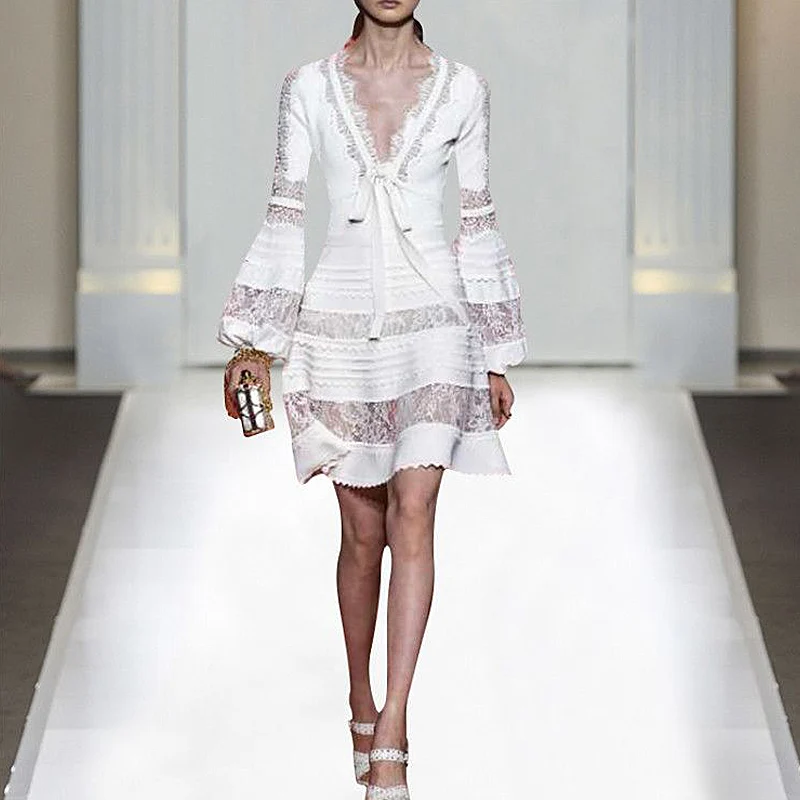 

XF Q 2019 Spring Fashion Designer Runway Party Sexy Summer Dress Women V-Neck Puff Sleeve Lace Panel Cutout White Dress