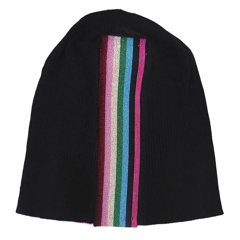 Мягкая женская многоцветная лента, хлопковые шапки с гофрированной резинкой, шапки, новые осенние облегающие шапки и кепки для дам, большие шляпы - Цвет: Черный