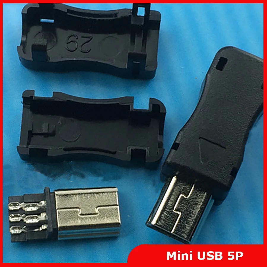 

10pcs Mini USB 5pin Male Plug Connector T Port Black Plasitc Cover Solder 3 in 1