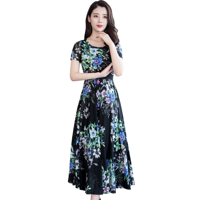 Женское свободное приталенное длинное платье с коротким рукавом модное платье Летнее цветочное платье - Цвет: Черный