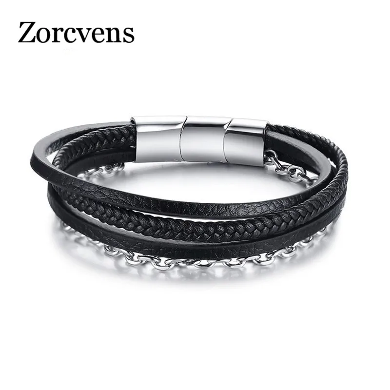 

LETAPI Genuine Leather Stainless Steel Link Chain Bracelet For Men Genuine Leather Adjustable Magnet Clasp Punk Male Jewelry