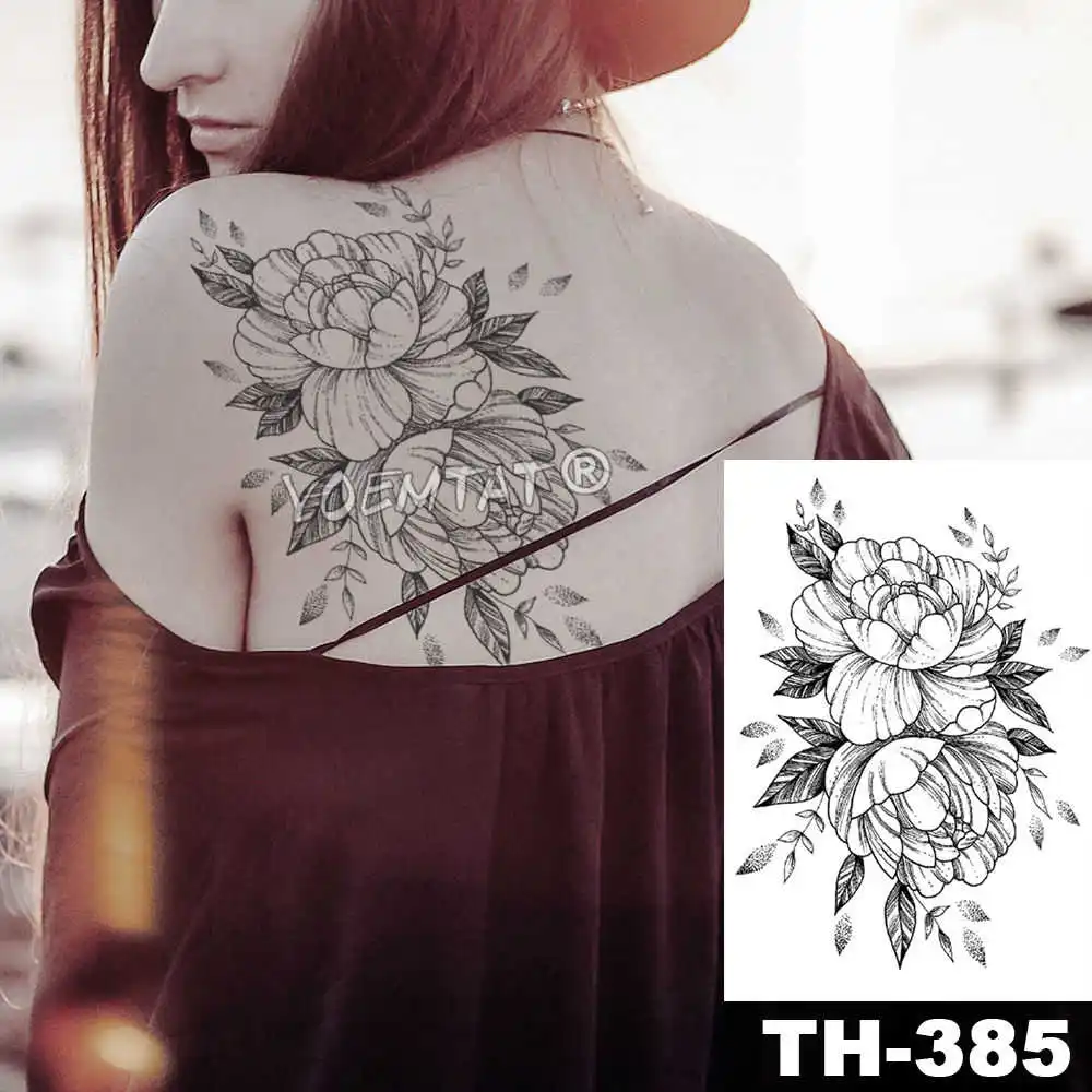 Эскиз цветок Пион Роза водонепроницаемый временная татуировка наклейка черные татуировки боди-арт Рука девушка Женщины Поддельные Татуировки - Цвет: 04-TH-385