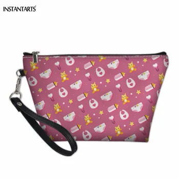 

INSTANTARTS Cartoon Nursing Bottle Pattern Pink Girls Cosmetic Bags Casual Large Clutch Zipper Makeup Bags Lady Make Up Cases