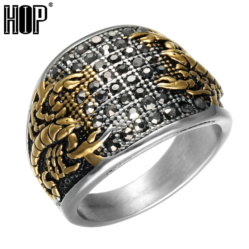 

HIP Punk Vintage Black Crystal Scorpion Pattern Mens Ring Gold Color Round Stainless Steel Titanium Rings for Men Jewelry