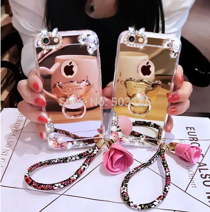 

For Huawei Honor 8 8X 9 10 lite 6C Pro 7C 7X 7A 8A 6A Y6 II Y7 Prime Y9 2018 Lanyard Diamond Silicone Ring Stand Mirror case