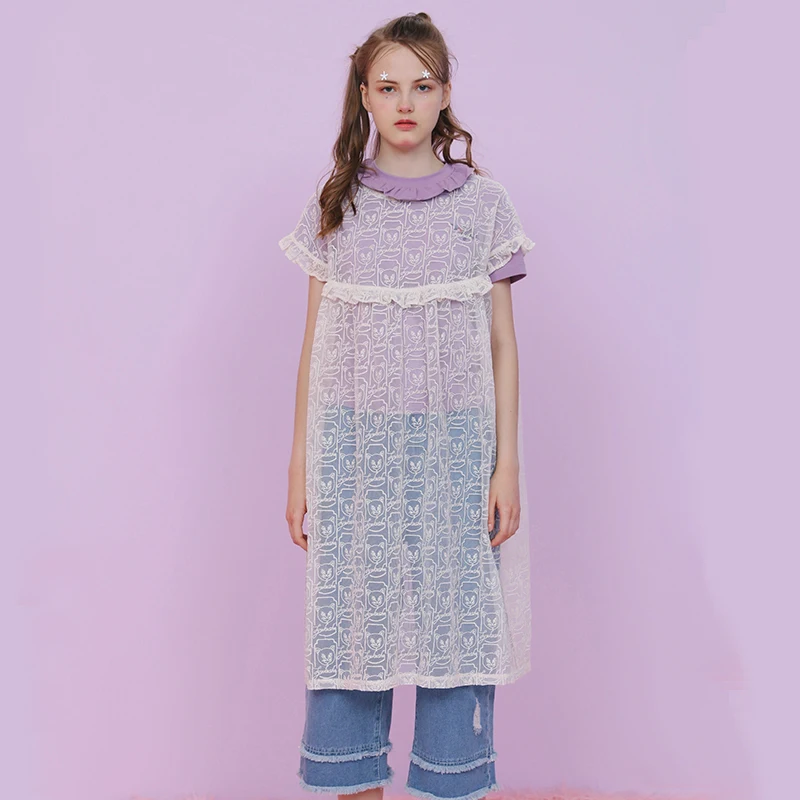 

Sweet Preppy Style Women Translucent Crop Dress Sweet Cat Pattern Ruffles Mid-Calf Length Girl's Loose Mesh Dresses Short Sleeve