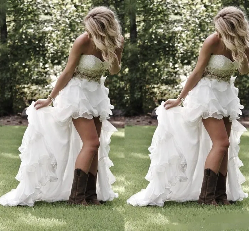 

Modest Country Style Wedding Dresses 2019 Sweetheart Ruffles Organza Asymmetrical Fitted Hi-lo White Bride Bridal Gowns