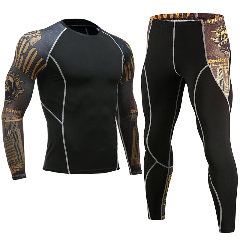 Мужской спортивный комплект для бега, компрессионная рубашка+ штаны, облегающая кожу, принт с волком, Рашгард для фитнеса, ММА, тренировочная одежда, спортивный костюм для йоги