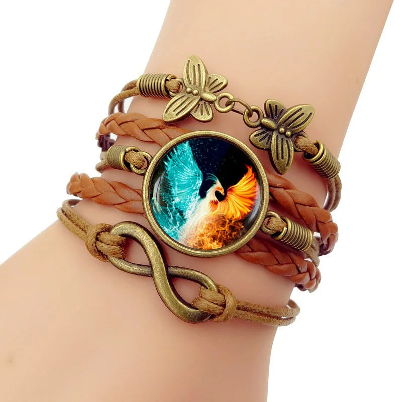 

Handmade Knitted Leather bracelets Phoenix fire and water Multilayer Glass convex combination Jewelry for Men for Women Gift