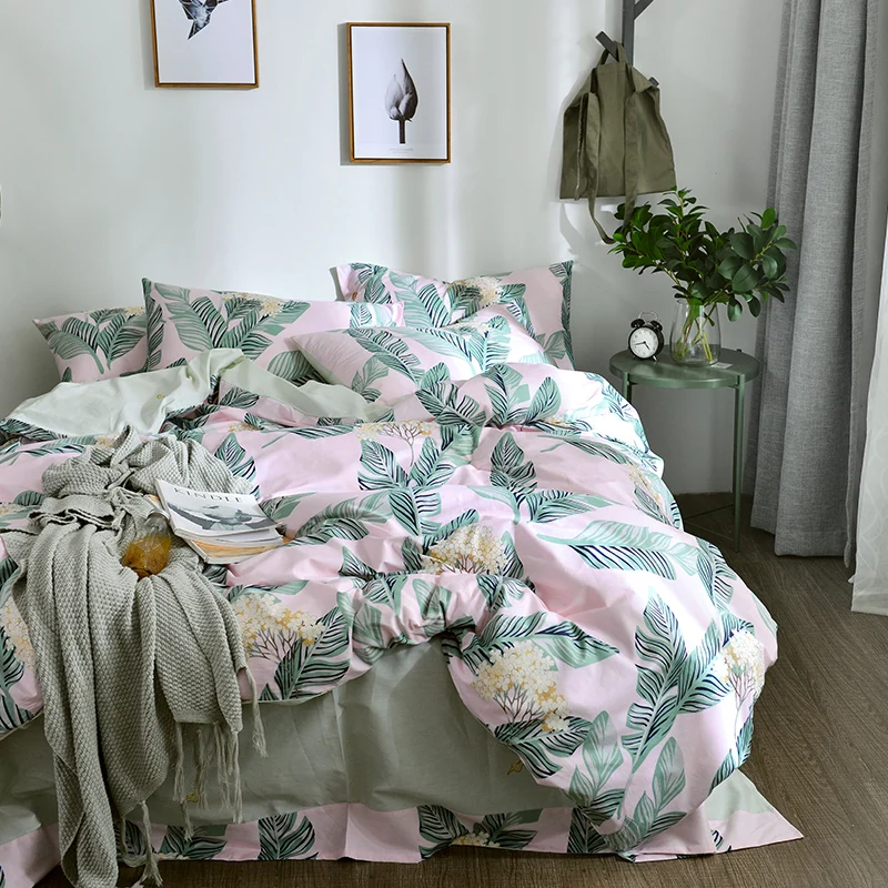 

2018 Pastoral Leaves Pink Bedding Set Soft Cotton Fabric 3/4Pcs Twin Queen King Size Duvet Cover Flat Sheet Pillow Cases