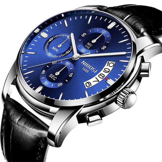 

Men's Quartz Waterproof Watch NIBOSI Brand Military Multi-function Leather Strap Sports Wristwatches Relogio Masculino