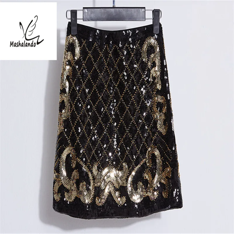 Ретро 1920 S вечерние юбка блестками бисером Для женщин юбка-карандаш Высокая Талия Baroque Skirt