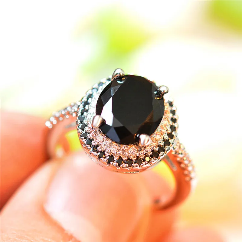 

Classical Crystal Female Big Black Stone Ring Luxury Silver Color Solitaire Engagement Ring Vintage Wedding Rings For Women