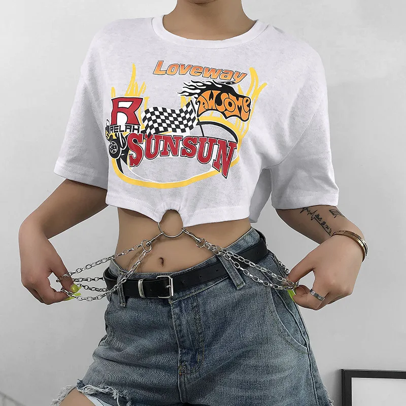 Raisvern панк-рок, женские топы с круглым вырезом и буквенным принтом, короткие свободные топы с поясом, женские хип-топы, футболки с металлическими цепочками черного цвета