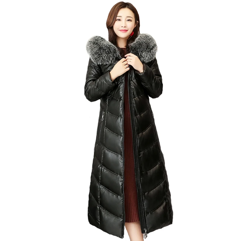 

Sheepskin Down Jacket 2019 Winter Large size Women Coat New Genuine Leather Down Jacket Fox fur collar Hooded Long Overcoat FC33