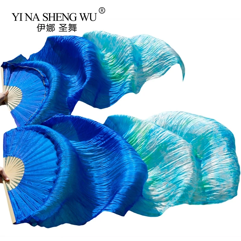 Silk 1 Pair Dance Fans Stage Performance Props Tie Dyed Silk Fans 180x90cm Women Belly Dance Fans Royal blue+Mixed colors