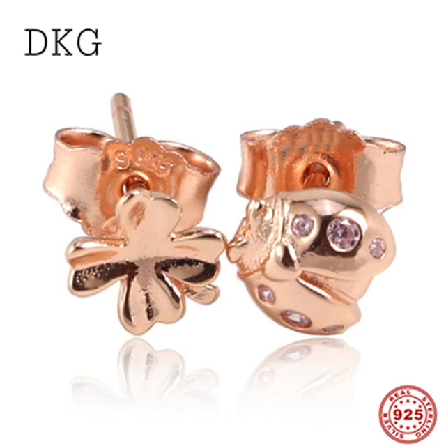 

2019 New 925 Sterling Silver Rose Gold Four-Leaf Clover and Ladybird Earring Studs Fit for Original Women Earrings DIY Jewelry