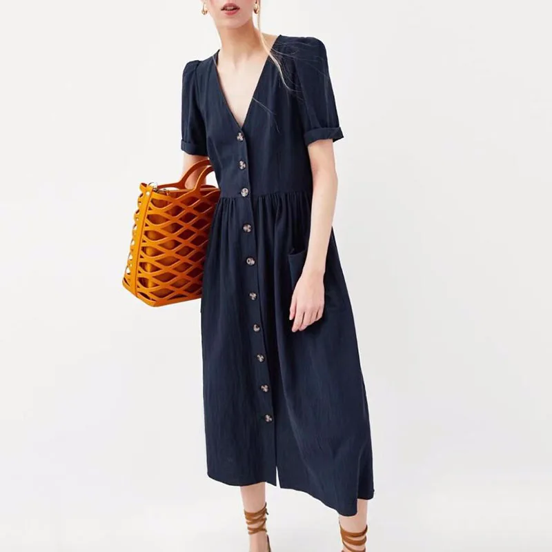

JXYSY vestidos summer dress puff sleeve pockets v-neck straight solid button dress women vestido summer 2 pieces set tops