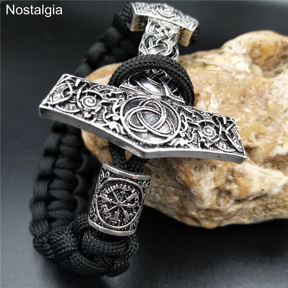 

Thor Hammer Mjolnir Knot Charm Black Rope Viking Bracelet Men Women Jewelry Norse Runes Beads Accessories