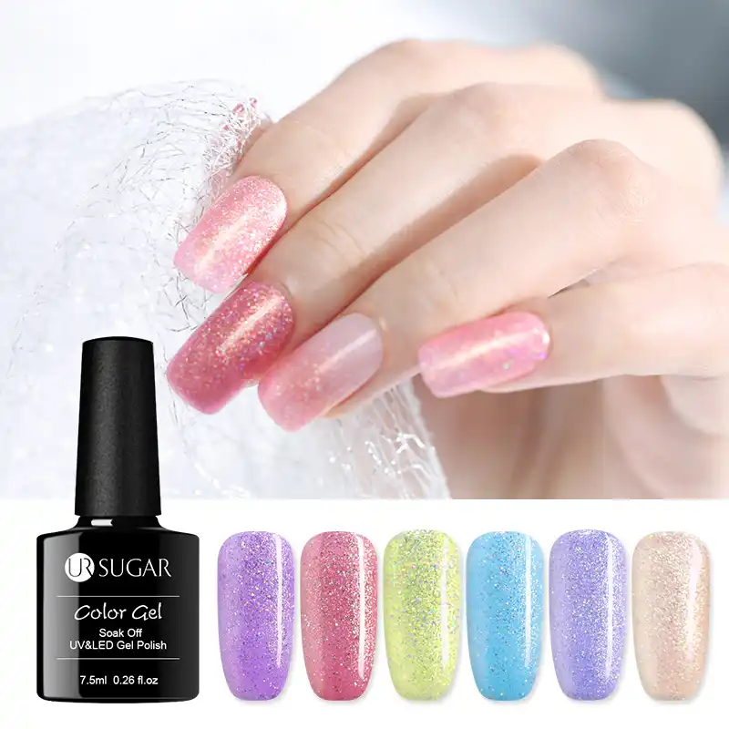 Pink Shimmer Nail Polish ur sugar 7 5ml holographic glitter nail gel polish laser pink purple pearl mermaid semipermanent soak