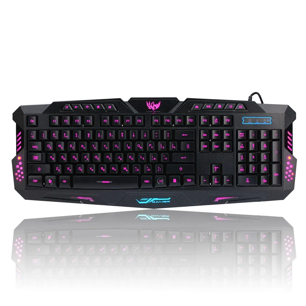 Игровая клавиатура+ мышь, мультимедийный, 3 цвета, светодиодный, с подсветкой, проводной, для ноутбука