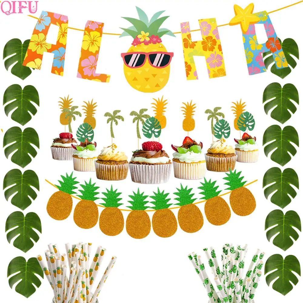 

QIFU Aloha Banner Hawaii Party Decorations Summer Beach Party Green Turtle Leaves Straw Cake Insert Pineapple Home Decoration