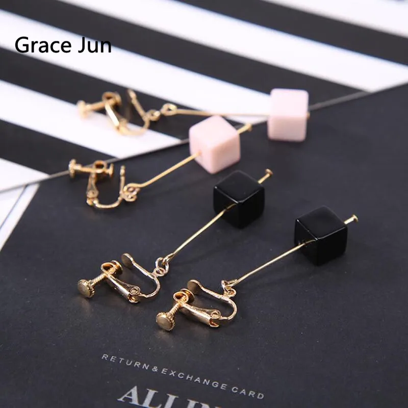

Grace Jun Black and Pink Color Resin Square Shape Clip on Earrings and Drop Pierced Earrings for Women Best Jewelry Accessory