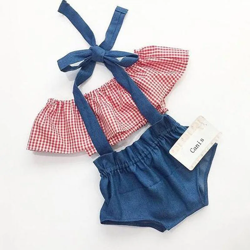 

0-24M Newborn Kids Baby Girl Clothes set Summer Plaid Crop Tops Denim Shorts Overalls Cute Lovely Outfits New born Sunsuit