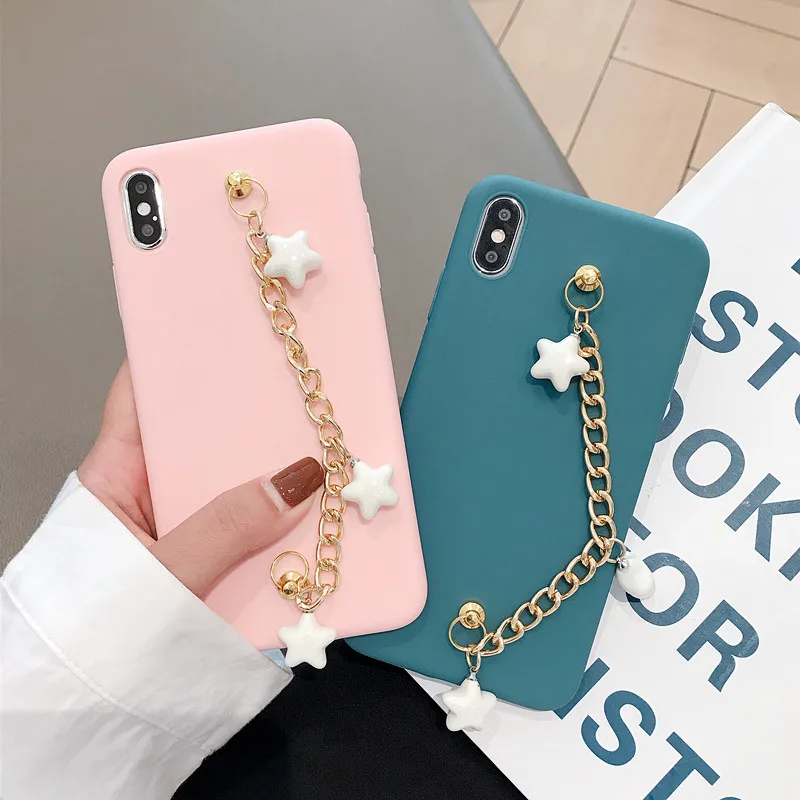 

Candy Colors Soft Silicone TPU Case for IPhone 6 6S 7 8 Plus X XR XS MAX Cut Stars Bracelet Wrist Strap Back Cover Phone Cases