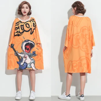 

2019 summer new fashion large size women's fat MM100~260 kg thin cartoon print sleeves T-shirt skirt women