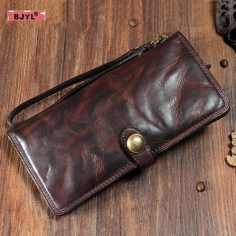 

BJYL Original retro buckle genuine leather men long wallet first layer cowhide wrinkle multi-card full leather card wallet