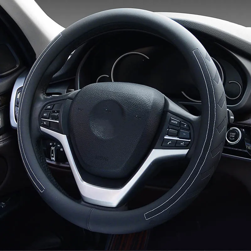 Black and white line PU кожаный автомобильный чехол на руль 38 см автомобильный Стайлинг тиснение авто чехлы на руль противоскользящие автомобильные аксессуары - Название цвета: Black and white line