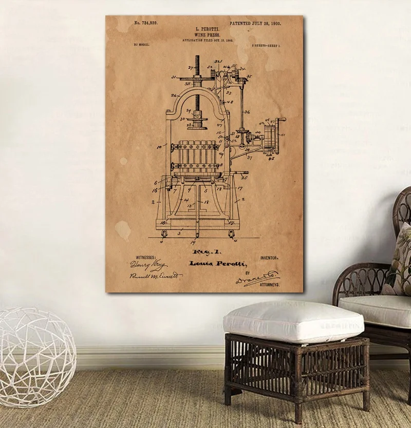1903 вина пресс патент искусство печатные плакаты картины печати стены искусства домашний Декор без рамки