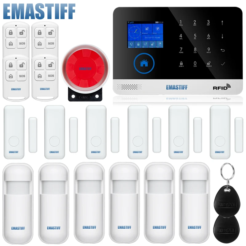 Wireless Home Security GSM WIFI Alarm System IOS Android APP Remote Control RFID Card PIR Sensor Door Sensor kit 2017 etiger intelligent android ios app remote control wireless home security pstn gsm alarm system kit large lcd screen