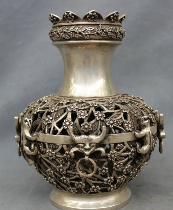 

song voge gem S4110 10" Chinese Folk Silver Buddhism Flower Unicorn Dragon Head Statue Pot Vase