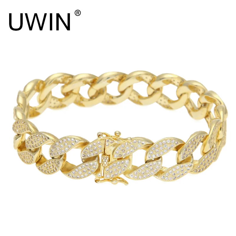 

UWIN Men's Hip Hop Iced Out Gold Silver Miami Cuban Link 15mm Micro CZ Rhinestone Miami Cuban link Bracelet 8