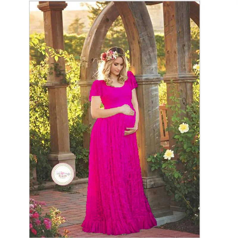 Летние платья для беременных, фотографии, длинные кружевные платья с оборками для беременных, облегающее платье для женщин, большие размеры 3XL 4XL, одежда - Цвет: ROSE RED
