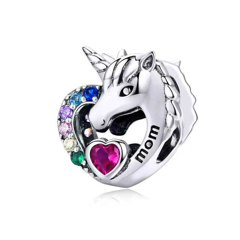 

MOWIMO Unicorn Beads 925 Sterling Silver Mom Heart Multi Color Bead Fit Original Pandora Bracelet Monther Jewelry Gift BKC1160