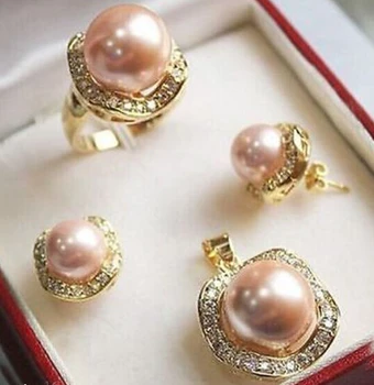 

Set 10mm &14mm pink South sea Shell Pearl Earrings Necklace Ring size 7 8 9 #