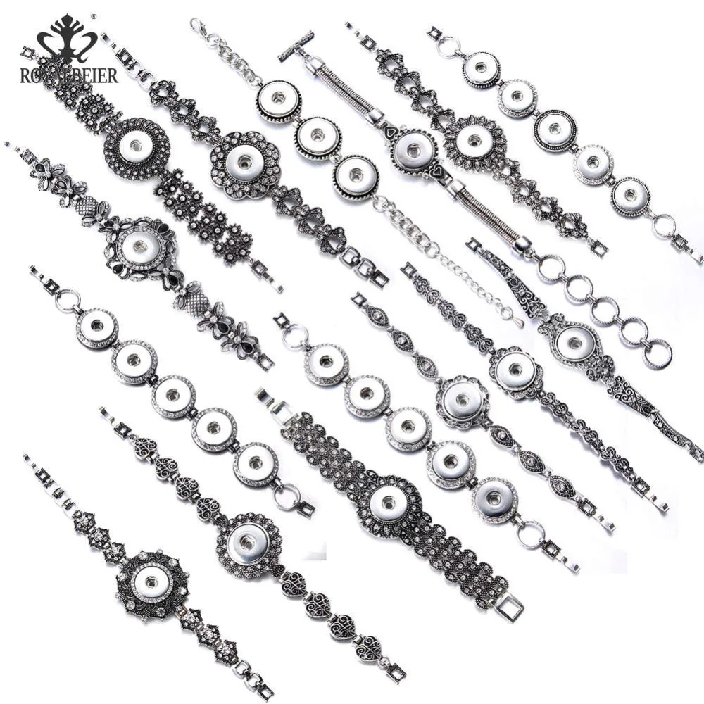 

ROYALBEIER New Fashion Beauty Vintage Flower LOVE Metal 18mm Snap Button Jewelry Bracelet Bohemia For Women Jewelry SZ0547