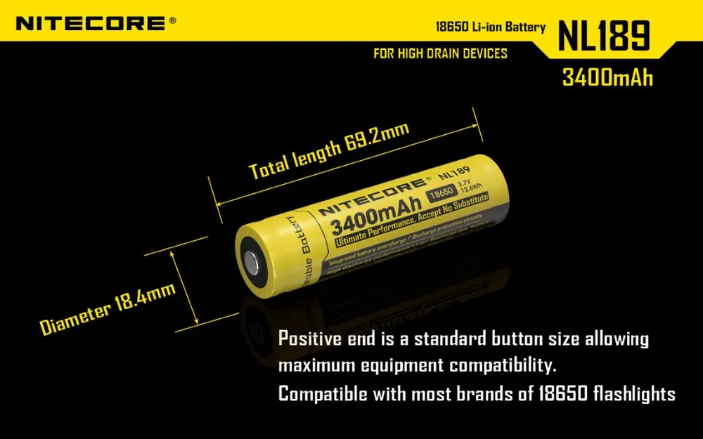 Nitecore NL189/NL1834 18650 3400 мАч 3,7 в литий-ионный аккумулятор с кнопкой сверху для всех типов фонарей 1 штука