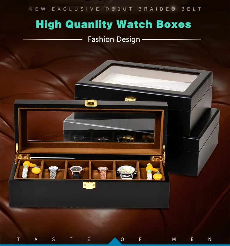 

6 Slots Wooden Watch Storage Boxes Case With Glass Window New Black Wood Watch Display Organizer Jewelry Gift Follow Box